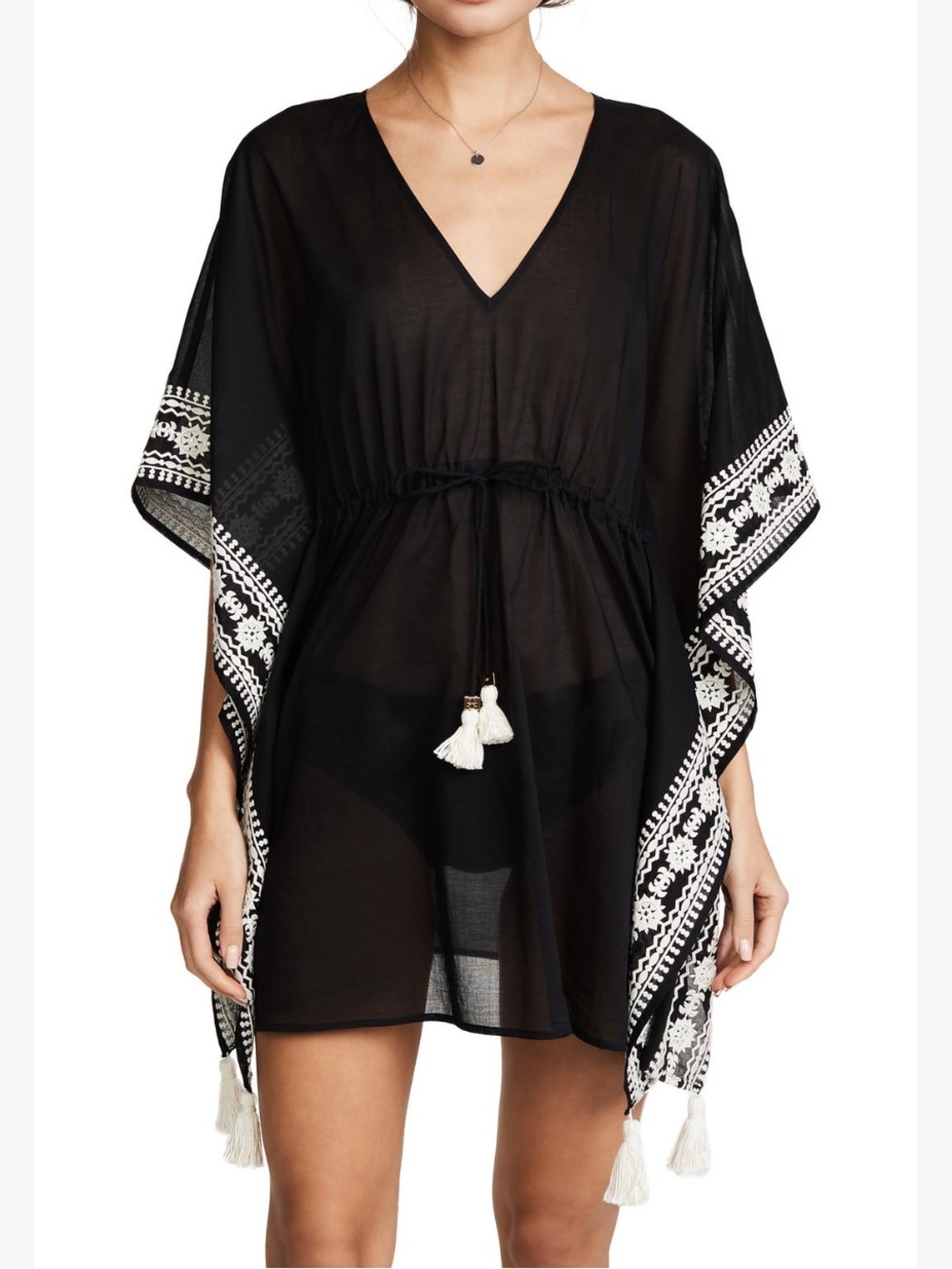 Tory Burch Ravena Embroidered Kaftan Swimsuit Cover-Up with White Tassels